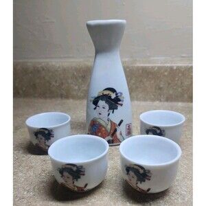 Sake Set Japanese Geisha 5 Piece Porcelain Sake Set Decanter And 4 Cups